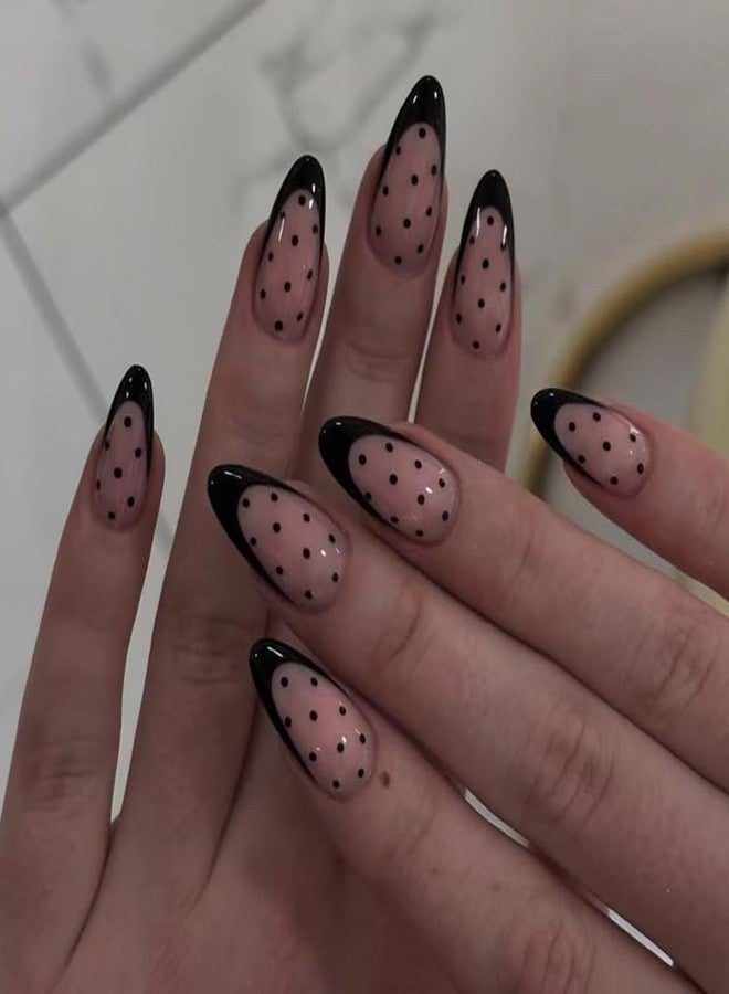 CTTHNBD Black French Tip Press on Nails Almond - Medium Fake Nails with Spot Design - Glossy Full Cover Stick on False Nails - for Women 24 Pcs - Image 1
